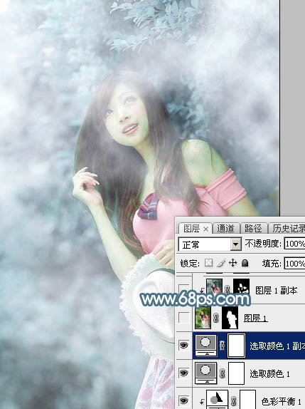 Photoshop为树林美女图片调制出唯美的淡蓝色云彩效果