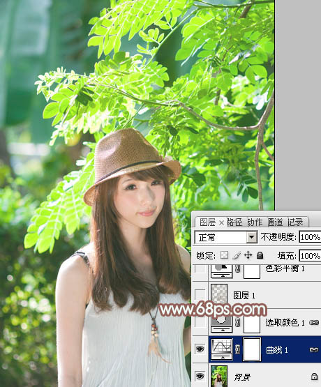 Photoshop将绿树边的美女调制出甜美的小清新淡褐色