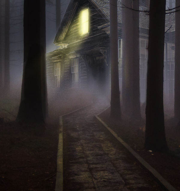 PS合成制作幽暗森林中发光的鬼屋