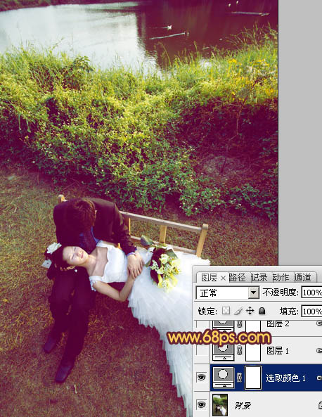 Photoshop为池塘边情侣图片增加上温暖的霞光色效果