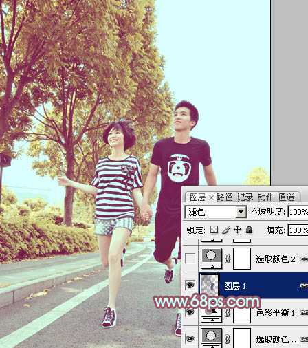 Photoshop为马路上奔跑的情侣图片调制出清爽的青黄色