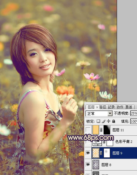 Photosho将花景美女图片调出流行的淡暖色效果