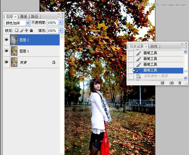 Photoshop将公园美女图片调制出秋季金黄色调