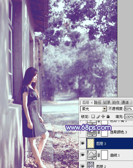 photoshop利用通道替换将房檐下美女图片增加上柔和的蓝色效果