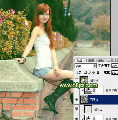 Photoshop将花坛边的美女加上秋季晨曦色