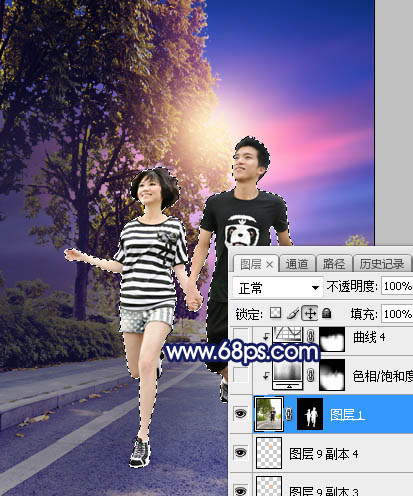 Photoshop调制出紫色霞光马路上的情侣图片