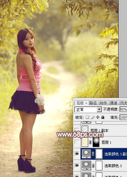 Photoshop为树林小路上的美女调制出唯美的秋季淡暖色