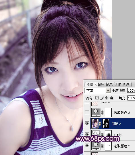 Photoshop将外景美女图片调成可爱的淡紫色