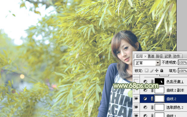 Photoshop为竹林边的美女加上甜美的淡调黄绿色