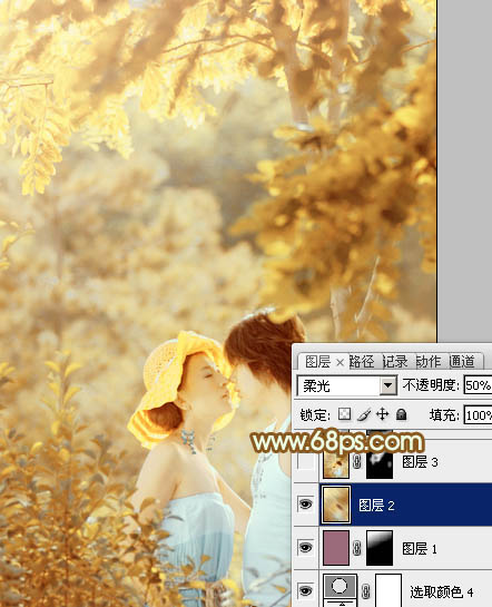 Photoshop将树林情侣图片增加上柔和秋季粉黄色