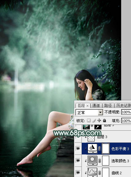 Photoshop为湖边的美女调制出童话中的梦幻青色调