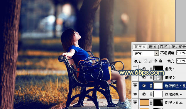 Photoshop为公园长椅上的美女调制出唯美的晨曦暖色