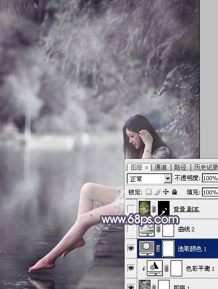 Photoshop将湖景美女图片打造出个性的中性暗蓝色