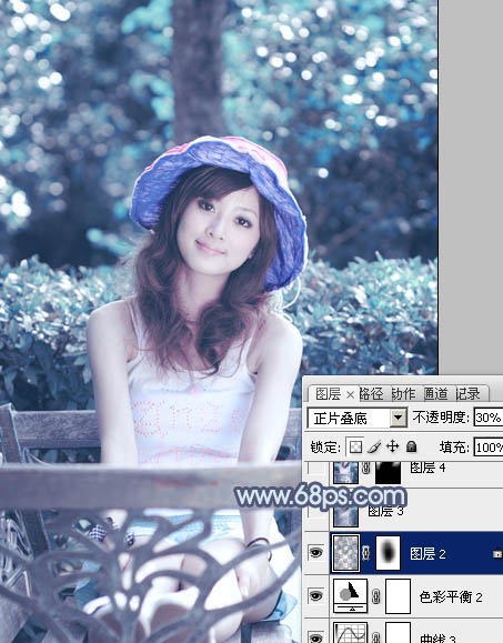 Photoshop为外景美女图片打造出甜美的青蓝色