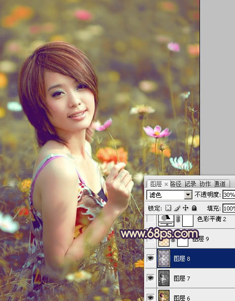 Photosho将花景美女图片调出流行的淡暖色效果