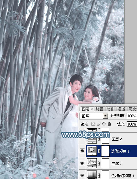 Photoshop为竹林婚片调制出梦幻复古的淡调青蓝色