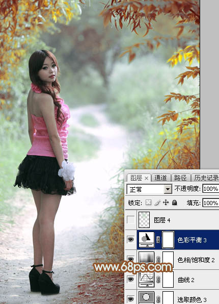 Photoshop给绿树中的人物加上唯美的秋季橙绿色