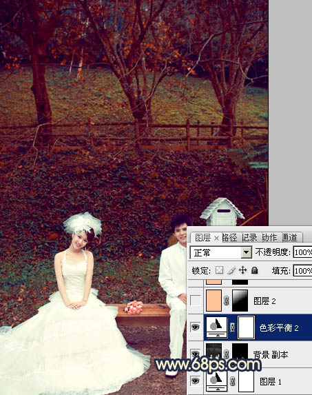 Photosho将公园婚片调制出漂亮的暗红色