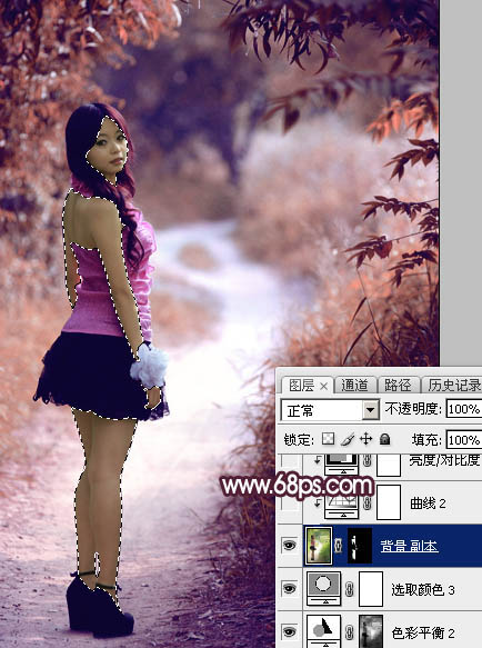 Photoshop将树林人物图片打造唯美的暗调紫红色