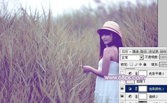 Photoshop将芦苇美女图片打造唯美的秋季冷色蓝紫色