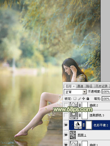 Photoshop调制出非常柔美的黄青色湖景美女图片