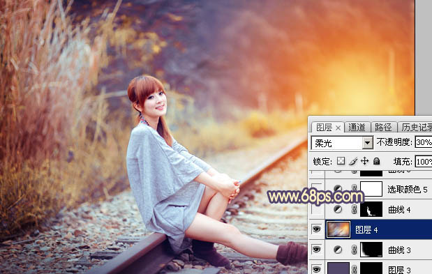 Photoshop为铁轨上的美女增加甜美的晨曦暖色