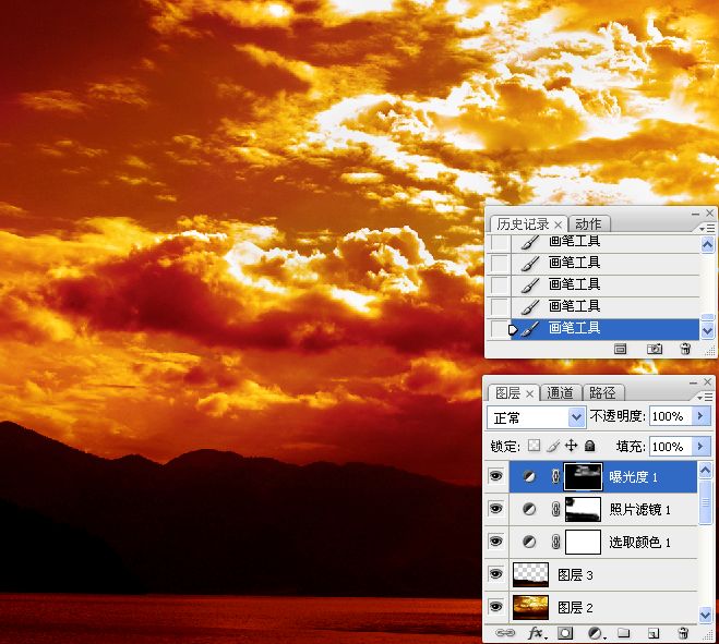 Photoshop将普通湖面风景照片调制出金色火烧云效果