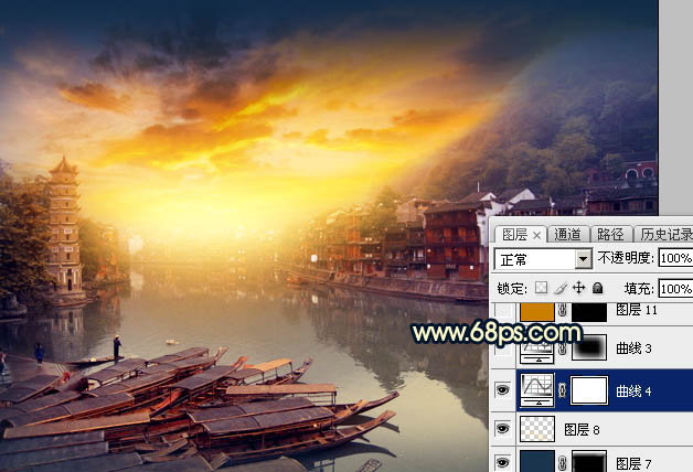 Photoshop调出唯美的霞光水边古镇效果