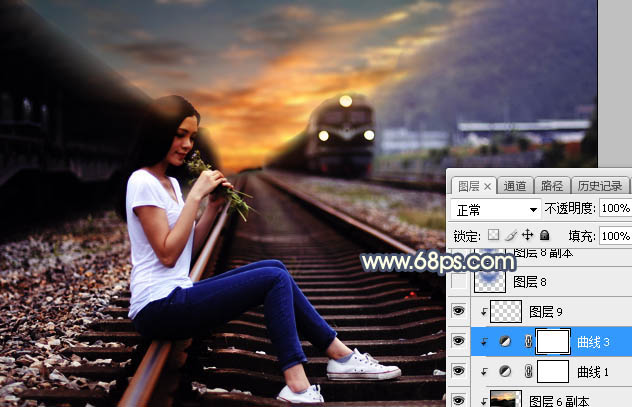 Photoshop调制出唯美的晨曦铁轨上的人物图片