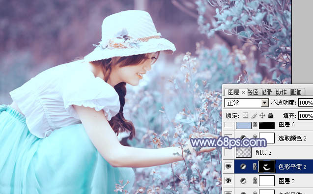 Photoshop将花草中的美女增加上冷艳的淡调青蓝色