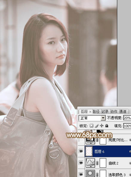 Photoshop为偏暗的街景美女加上韩系淡红色