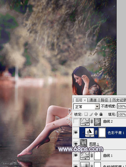 Photoshop将水景美女图片打造唯美的中性蓝红色