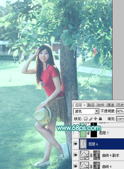 Photoshop为树荫下的美女图片加上清爽的青绿色