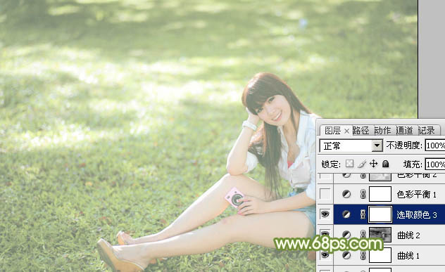 Photoshop将绿草上的美女打造出甜美的韩系淡绿色