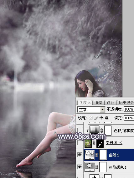 Photoshop将湖景美女图片打造出个性的中性暗蓝色