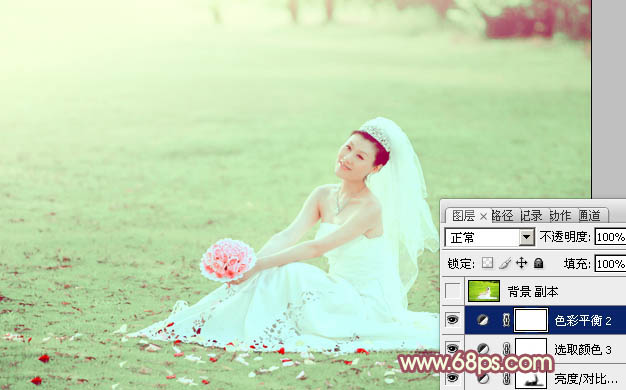 photoshop为草地上的婚纱美女增加甜美的淡绿色