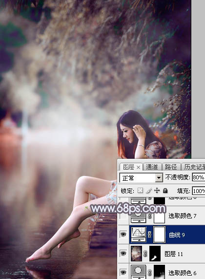 Photoshop将水景美女图片打造唯美的中性蓝红色