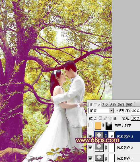 Photoshop将树林婚片增加上柔美的黄紫色效果