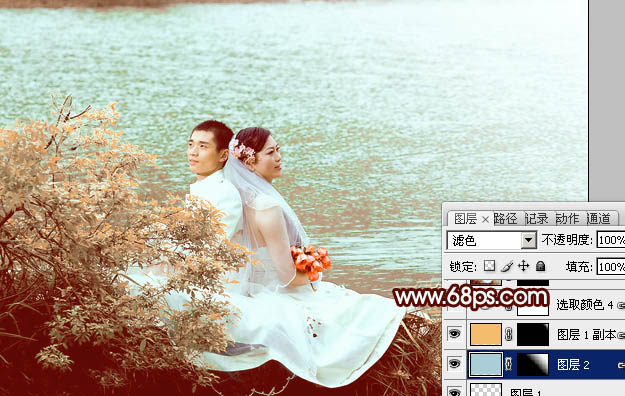 Photoshop将河景婚片打造出秋天风味的漂亮青黄色