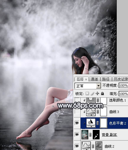 Photoshop使用图层样式打造唯美的古典淡蓝色树林人物图片