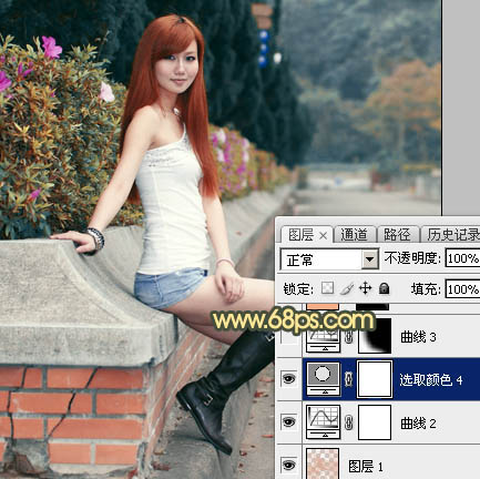 Photoshop为路边的美女加上暗调青黄色霞光色