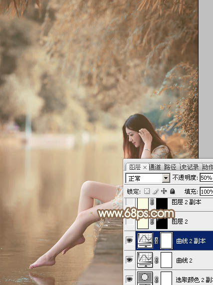 Photoshop为湖边戏水美女打造柔和淡美的红褐色
