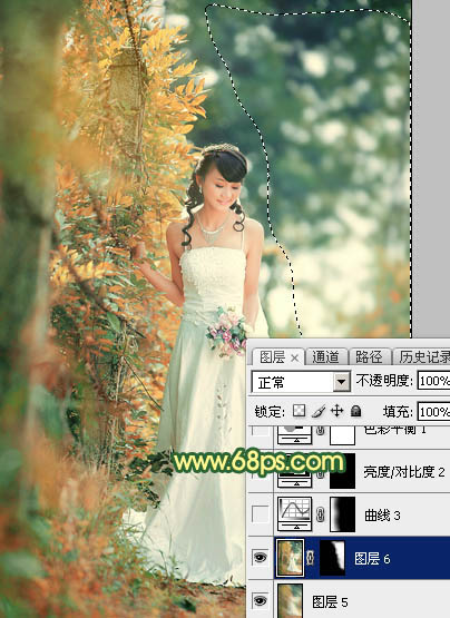 Photoshop调制出甜美的橙绿色树林婚片