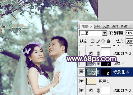 Photoshop制作古典青褐色效果的树林婚片