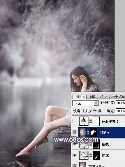 Photoshop将湖景美女图片打造出个性的中性暗蓝色