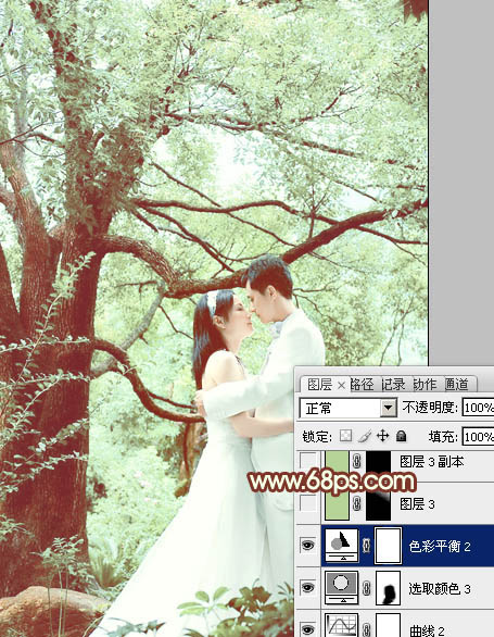 Photoshop将树林婚片调制出柔和的淡绿色