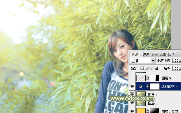 Photoshop为竹林边的美女加上甜美的淡调黄绿色