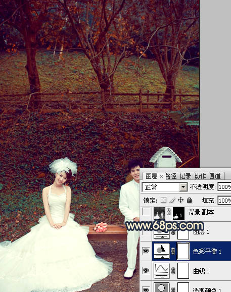 Photosho将公园婚片调制出漂亮的暗红色