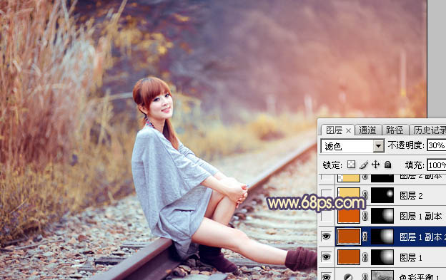 Photoshop为铁轨上的美女增加甜美的晨曦暖色
