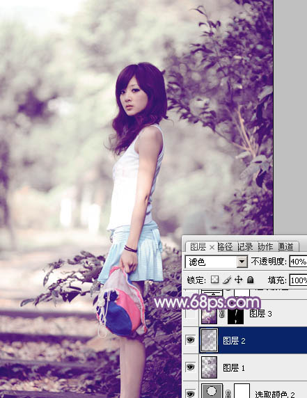 Photoshop为树边的美女图片调制出古典梦幻中性紫色调